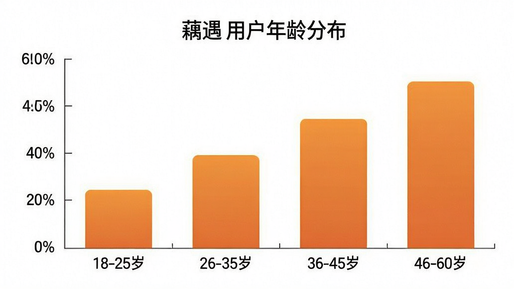 一张展示“藕遇”用户年龄分布的柱状图,横轴标注年龄段“18-25岁”“26-35岁”“36-45岁”“46-60岁”,纵轴为人数占比百分比,柱体颜色为渐变的暖橙色,背景为白色,布局清晰,风格简洁商务,画质干净,无多余元素