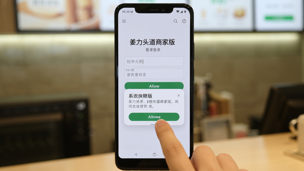 主体为一部安卓手机屏幕显示“姜力头道商家版”登录页面,屏幕下方弹出系统权限请求对话框,画面中有一只手正准备点击允许按钮;布局为手机竖屏居中,手部从画面下方伸入;排版突出权限弹窗和登录界面;风格为真实操作场景截图风格,光线自然;细节包括权限弹窗文字、登录输入框、按钮高亮;画质清晰,背景为模糊的店内环境