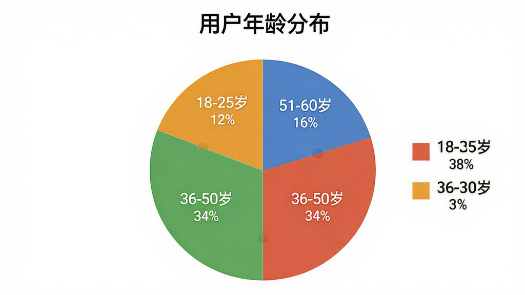 主体为饼状图,展示“姜力头道商家版”用户年龄分布,图表分为四个扇形区域,分别标注“18-25岁 12%”“26-35岁 38%”“36-50岁 34%”“51-60岁 16%”;布局为图表居中,上方有标题文字“用户年龄分布”;排版简洁,各扇形颜色区分明显并带有图例;风格为扁平化数据图表风格,背景为白色;细节包括百分比标注、图例色块、清晰字体;画质干净无多余元素