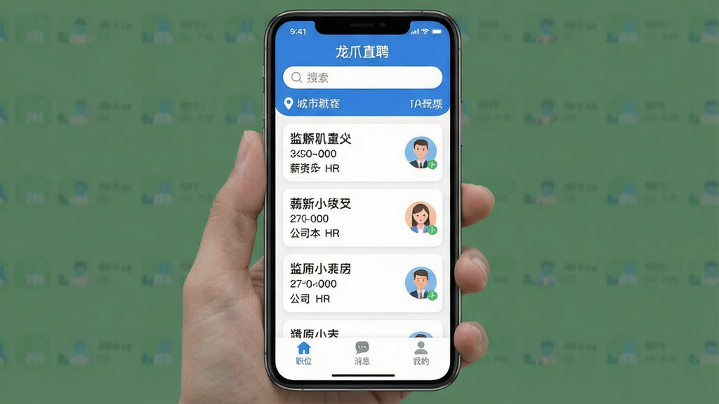 一张手机应用界面截图,画面中央是“龙爪直聘”APP的主页,顶部有搜索框和城市定位,中间是职位推荐卡片列表,每张卡片上有职位名称、薪资范围、公司名称和HR头像,底部导航栏有职位、消息、我的三个图标,整体布局简洁清晰,蓝白色调为主,风格现代扁平,图标圆润,画质干净细腻,无多余元素