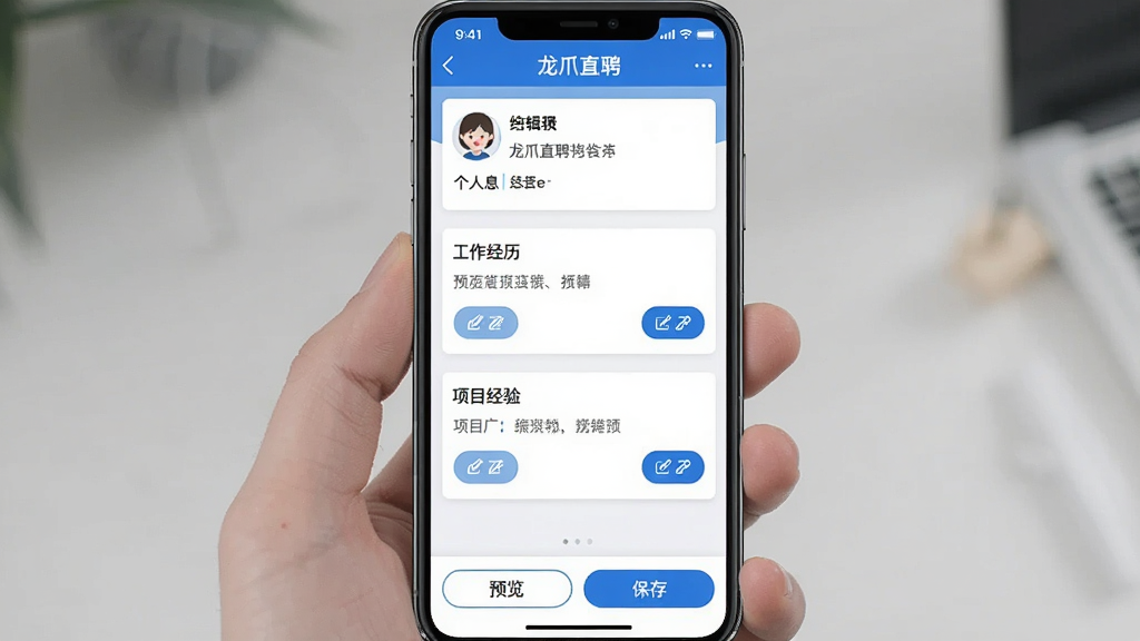 一张手机应用截图,画面显示“龙爪直聘”的简历编辑页面,上方是个人信息区域,中间是工作经历和项目经验模块,每个模块有编辑按钮,底部有预览和保存选项,界面排版整齐,蓝白色调,文字清晰,风格简洁干净
