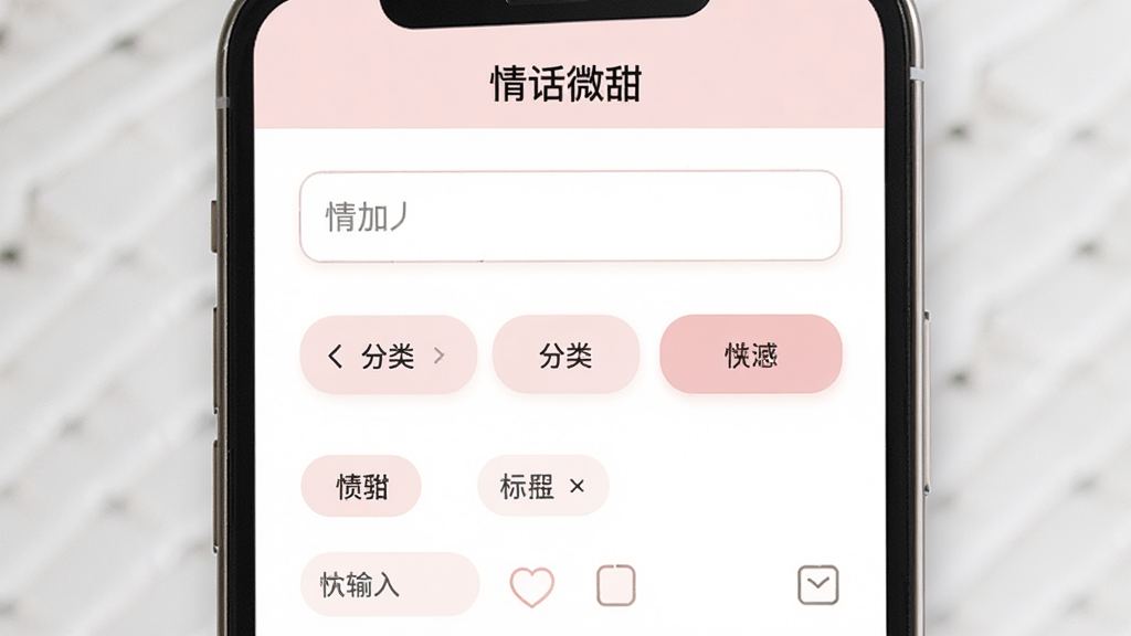 һ���ֻ�����չʾͼ���������ֻ���Ļ��ʾ���黰΢��APP���Զ�������ҳ�棬�Ϸ���������·��з���ѡ��ť�ͱ�ǩ�������򣬽����࣬��ɫ�԰�ɫ�͵���ɫΪ������ťԲ������������������ͳһ�ɾ����޶���װ��Ԫ��