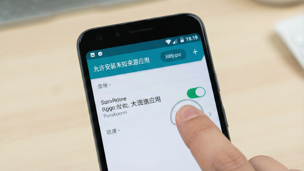 一张手机操作示意图,画面展示安卓手机设置界面中“允许安装未知来源应用”的开关被手指点击的瞬间,背景为浅色桌面虚化,风格写实教程风,布局以手机屏幕为中心手指动作清晰可见,细节界面元素干净整洁,画质高清无多余干扰。