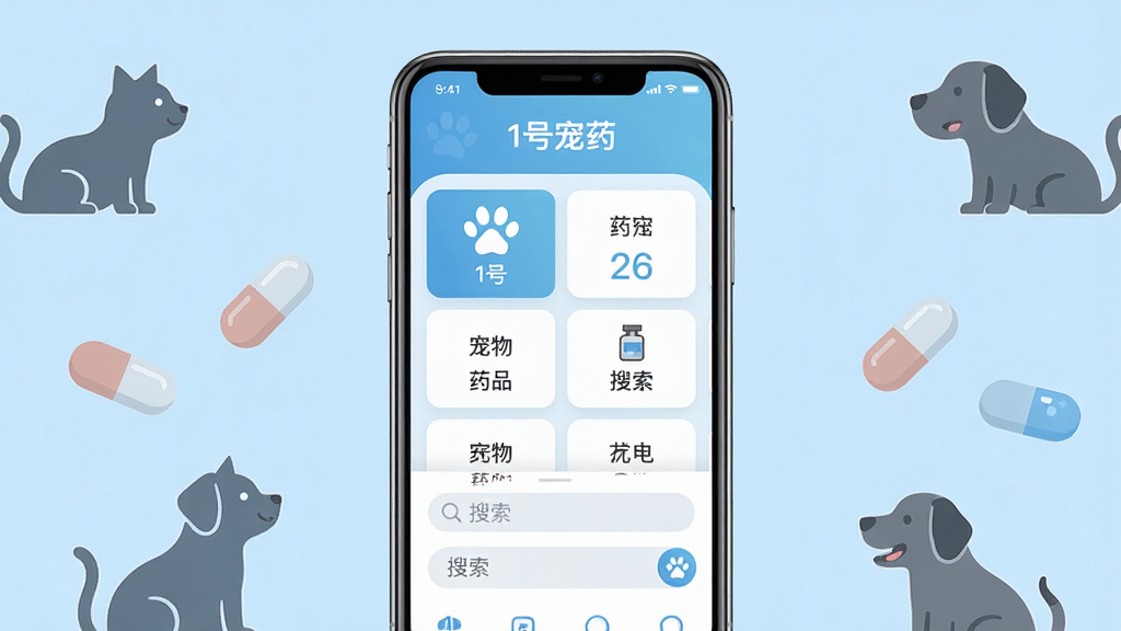 一张手机屏幕展示“1号宠药”应用主界面的产品展示图,画面中央是手机正视图,屏幕内显示宠物药品分类导航栏和搜索框,背景为浅蓝色渐变,周围点缀卡通猫狗剪影和药丸图标,风格现代扁平化,布局清晰居中,细节干净无杂乱元素,画质高清。