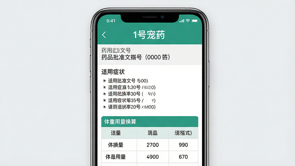 一张“1号宠药”应用内商品详情页的示意图,画面主体为手机屏幕特写,屏幕上显示药品批准文号、适用症状列表和体重用量换算表格,背景为干净的浅灰色,风格简洁专业,布局上下分层清晰,细节文字清晰可辨,画质干净无多余装饰元素。