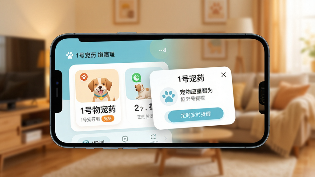 一张“1号宠药”应用用药提醒功能的界面展示图,画面为手机屏幕侧视图,屏幕内显示宠物档案卡片和定时提醒弹窗,背景为暖色调居家环境虚化处理,风格温馨生活化,布局以手机为中心四周留白,细节图标圆润清晰,画质明亮干净无杂乱。