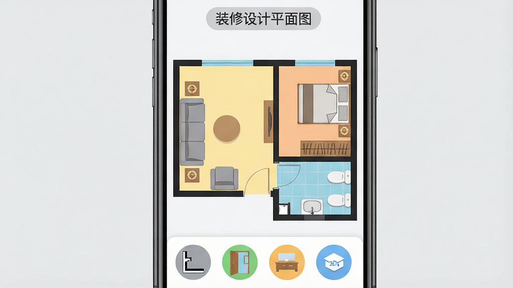 一张展示装修设计平面图软件核心界面的图片,画面主体是一部手机屏幕,屏幕里显示一套两室一厅的彩色户型平面图,墙体线条清晰,客厅位置摆放着灰色沙发和圆形茶几,卧室有床和衣柜图标,厨房和卫生间标注了水槽与马桶,屏幕顶部有“装修设计平面图”文字标签,底部工具栏排列着墙体、门窗、家具、3D视图四个圆形图标,整体布局居中,风格清爽现代扁平化,细节上图标圆润无毛刺,画质干净明亮,背景为纯浅灰色,无多余元素。
