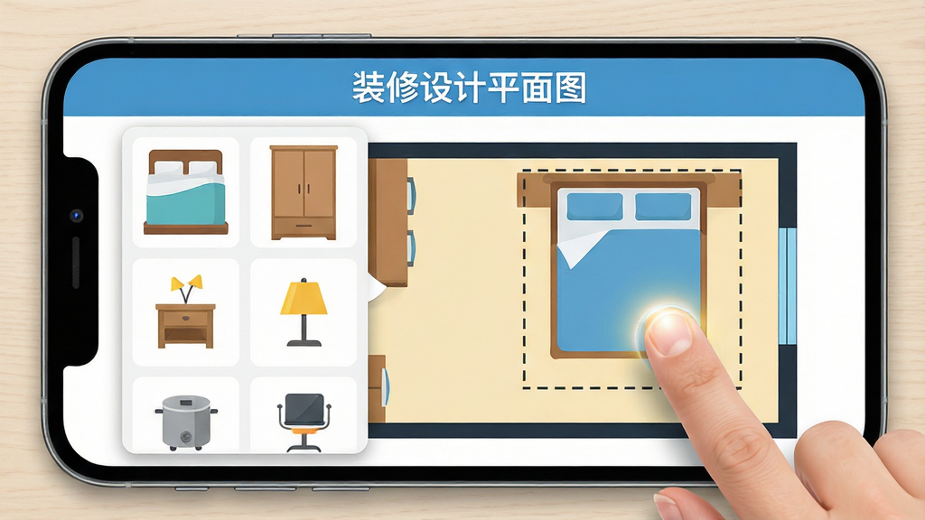 一张展示装修设计平面图软件家具拖拽功能的图片,画面主体为一部横屏手机,屏幕里显示一间卧室的平面图,左侧弹出家具选择面板,面板里排列着床、衣柜、床头柜、台灯等图标,右侧平面图区域中一张双人床正被手指拖入房间墙角位置,床的周围有虚线框表示可放置区域,屏幕上方有“装修设计平面图”文字,整体布局左中右分明,风格明快扁平化,细节上手指与屏幕接触处有轻微高光,画质干净清晰,背景为浅色桌面,无多余元素。