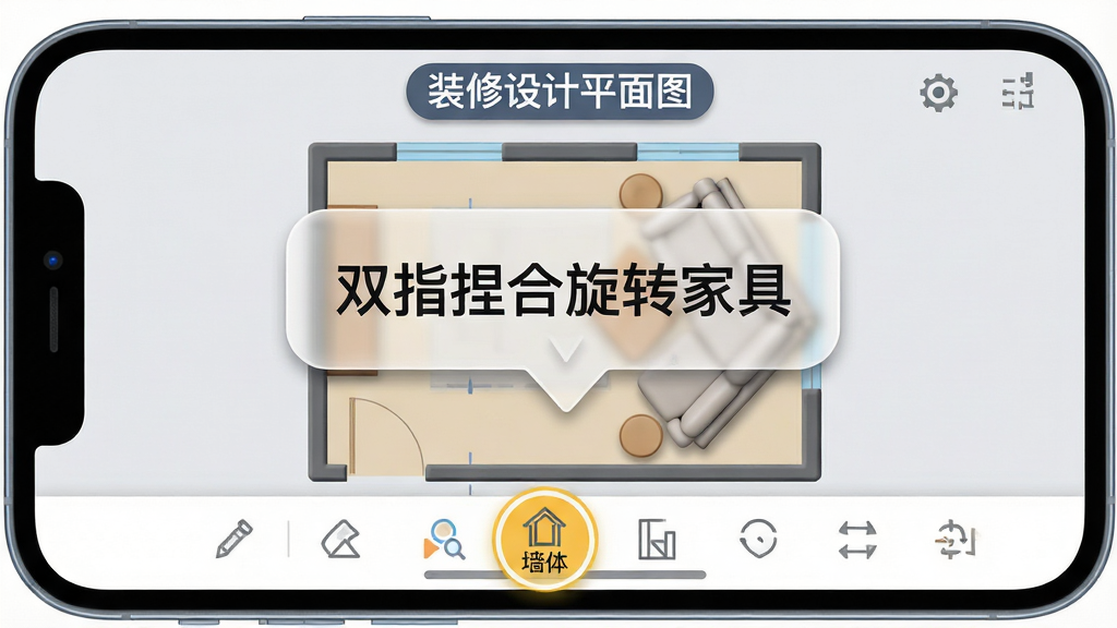 一张展示装修设计平面图软件新手操作提示的图片,画面主体为一部横屏手机,屏幕里显示户型绘制界面,画面中央有一个半透明的提示气泡写着“双指捏合旋转家具”,气泡箭头指向一张被旋转了45度的沙发,屏幕底部工具栏中“墙体”图标被高亮圈出,屏幕顶部有“装修设计平面图”文字标签,整体布局居中,风格扁平化带轻微立体感,细节上气泡边缘圆润,画质干净清晰,背景为浅灰色,无多余元素。