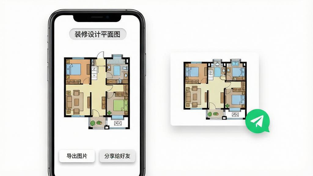 一张展示装修设计平面图软件导出分享功能的图片,画面主体是一部手机,屏幕里显示一张已完成的两室两厅彩色户型图,图纸下方有“导出图片”和“分享给好友”两个按钮,手机旁边漂浮着一张已导出的图纸缩略图和一个聊天软件发送图标,屏幕顶部有“装修设计平面图”文字标签,整体布局手机居中偏左,风格简洁扁平化,细节上按钮有轻微按压阴影,画质干净明亮,背景为白色,无多余元素。