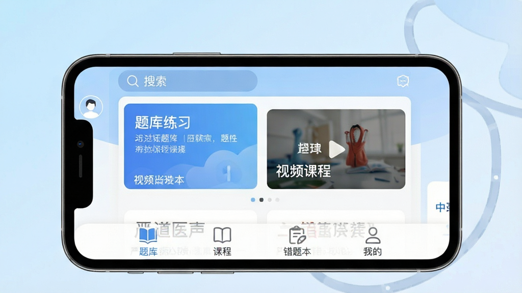 һ��չʾ�ϵ�ҽ��app���Ľ�����ֻ�����ͼ�������������ֻ���Ļ����Ļ����ʾ�ϵ�ҽ������ҳ���֣����������������û�ͷ���м��������ϰ����Ƶ�γ�������Ƭ��ڣ��ײ�����⡢�γ̡����Ȿ���ҵ��ĸ�ѡ���������ǳ��ɫ���䣬������ִ���ƽ�������������ɾ��޶���Ԫ��