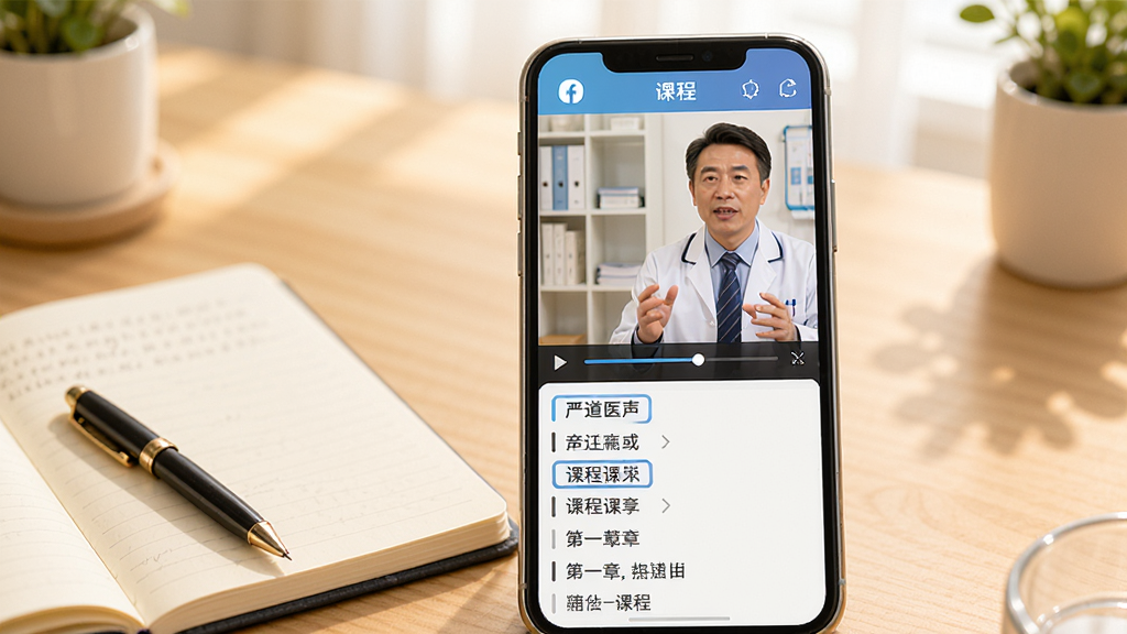 �ϵ�ҽ��app��Ƶ�γ�ѧϰ����ͼ���ֻ���Ļ����ʾһλ��ʦ���ڽ���ҽѧ֪ʶ�����Ƶ���Ž��棬�·��пγ��½��б��ͽ��������Ա��бʼǱ��ͱʣ�����ɫ����ů���������дʵ���£�����ϸ��ɾ�