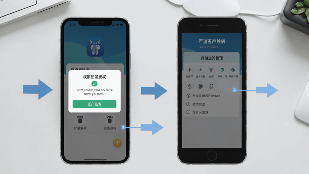 �ϵ�ҽ��app��װ��������ʾ��ͼ���ֻ���Ļ����ʾȨ����Ȩ�����ʹ洢�ռ�������棬�Ա��м�ͷ��ע�������裬������ǳ��ɫ����̨�棬����ƽ����Ϣͼ�����������ɾ�