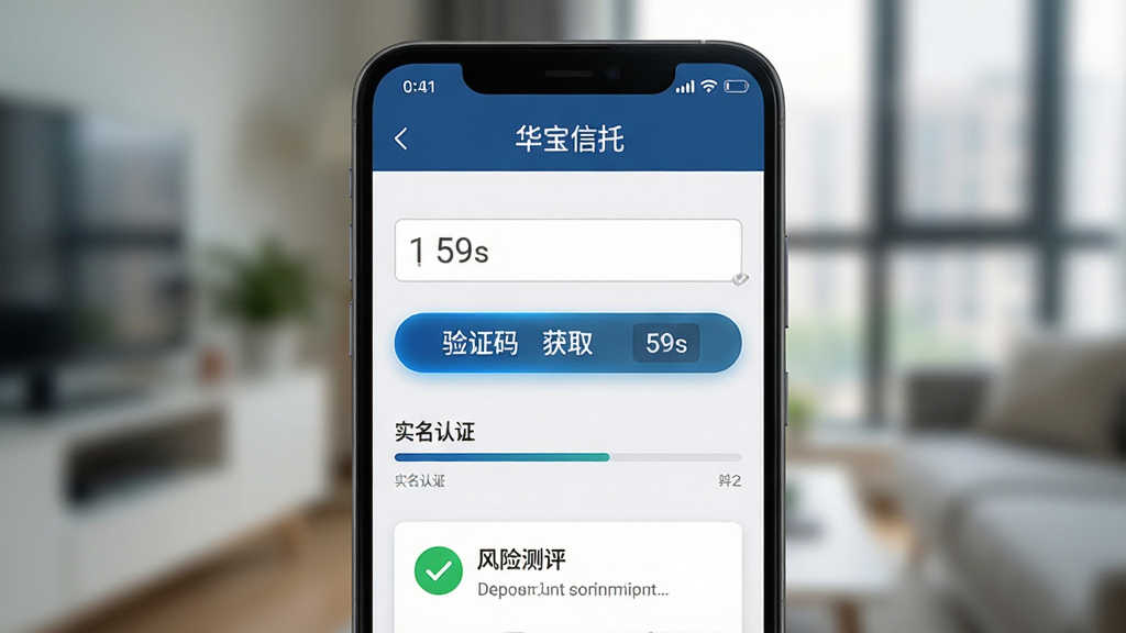 画面主体为一部安卓手机屏幕特写,屏幕上显示“华宝信托”App的注册登录页面,页面中央是手机号输入框和验证码获取按钮,下方有“实名认证”进度条和“风险测评”提示卡片。布局采用上下结构,手机直立居中,背景为虚化的室内环境。风格为写实科技风,界面元素清晰锐利,按钮带有微光效果。细节上,验证码倒计时数字显示为“59s”,风险测评卡片上有绿色对勾图标。画质干净,重点突出手机屏幕内容,无多余杂物。