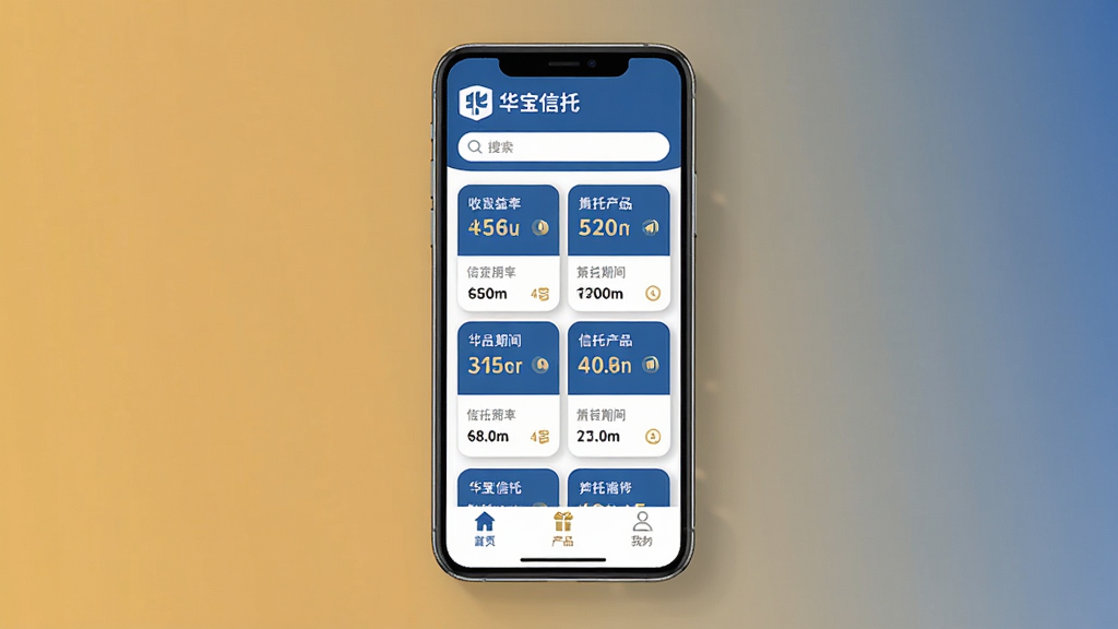 画面主体为一部竖屏智能手机,屏幕内展示“华宝信托”App的主界面,顶部是品牌Logo和搜索栏,中间区域是整齐排列的信托产品卡片,卡片上标注着收益率和期限,底部是首页、产品、我的三个导航标签。布局采用居中对称式构图,手机悬浮在纯色渐变背景上方。排版清晰,信息层级分明。风格为现代扁平化金融科技风,配色以华宝信托品牌蓝和白色为主,辅以少量金色点缀。细节上,产品卡片带有轻微的投影,图标线条圆润,数字显示清晰。画质干净,无多余元素,整体呈现专业且亲和的视觉感受。