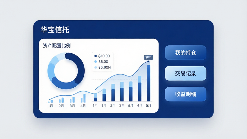画面主体为一张悬浮在浅灰色背景上的数据仪表盘卡片,卡片标题为“华宝信托”,下方用环形图和柱状图展示资产配置比例与收益走势,右侧列出“我的持仓”“交易记录”“收益明细”三个功能入口按钮。布局采用左图右文的非对称排版,视觉重心落在左侧图表上。风格为简约商务数据可视化风,配色以深蓝、浅蓝和白色为主,图表线条流畅,数据标签清晰可读。细节上,卡片边缘有柔和的圆角,按钮带有微弱的渐变效果。画质干净,无杂乱装饰元素。
