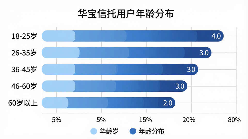 画面主体为一张横向柱状图,标题为“华宝信托用户年龄分布”,纵轴列出“18-25岁”“26-35岁”“36-45岁”“46-60岁”“60岁以上”五个年龄段,横轴为百分比刻度,柱条颜色从浅蓝渐变到深蓝。布局简洁,图表占据画面中央,下方有图例说明。风格为扁平化信息图表风,配色清爽,数据标签直接显示在柱条末端。细节上,柱条带有圆角,背景有浅灰色网格线。画质干净,无多余装饰。