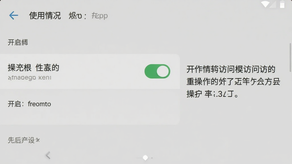 一张手机截图展示屏幕使用软件在系统设置中的权限开启界面,画面中显示使用情况访问权限的开关处于打开状态,旁边有文字标注说明操作步骤,界面为安卓系统原生设置风格,干净清晰,重点突出
