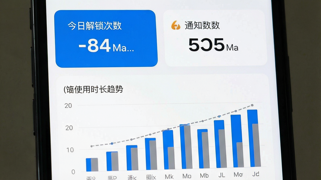 一张手机界面展示屏幕使用软件的数据统计页面,上方用大字显示今日解锁次数和通知数量两个数字卡片,下方用柱状图展示一周内每天的使用时长变化趋势,图表配色为蓝白灰,界面干净整洁,文字标注清晰,无多余装饰元素