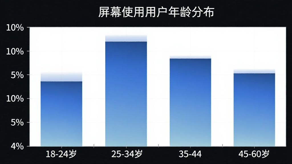 一张柱状图展示屏幕使用软件用户年龄分布,横轴为年龄段18-24岁、25-34岁、35-44岁、45-60岁,纵轴为用户占比百分比,柱状颜色为蓝色系渐变,图表标题为屏幕使用用户年龄分布,风格简洁数据清晰