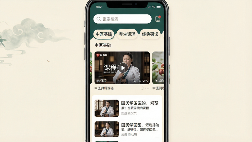 一张展示“国民学国医”App整体界面的效果图,主体是一部竖屏手机,屏幕内显示App首页,布局顶部为搜索栏和“中医基础”“养生调理”“经典研读”等分类标签,中间为横版视频课程封面卡片轮播,下方为图文知识列表;排版清晰,风格为现代简约中国风,配色以米白和黛绿为主,细节圆润,画质干净,无多余元素
