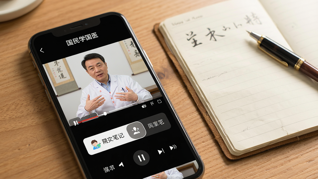 一张展示“国民学国医”App学习场景的图片,主体为手机屏幕特写,屏幕内显示视频播放界面,视频画面为中医讲师讲解穴位,下方有图文笔记切换按钮和倍速播放选项;手机旁边放着一本翻开的笔记本和一支笔,背景为木质桌面,风格温暖治愈,细节清晰,画质干净