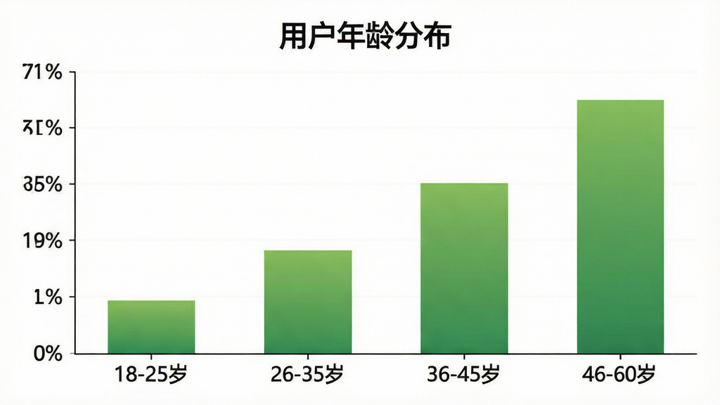 一张展示“国民学国医”用户年龄分布的柱状图,横轴为年龄段“18-25岁”“26-35岁”“36-45岁”“46-60岁”,纵轴为占比百分比,柱状颜色为渐变绿色,图表标题为“用户年龄分布”,背景为白色,风格简洁数据可视化,细节清晰,画质干净