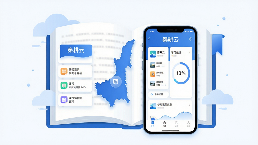 画面主体为一本翻开的电子书与手机屏幕融合的场景,书页上悬浮着陕西地图轮廓和课程图标,手机屏幕显示“秦耕云”应用主界面,布局采用居中对称构图,左侧是课程列表卡片,右侧是学习进度环,排版清晰有层次,风格为现代扁平化插画风,细节上加入云朵和书签元素点缀,画质高清,背景干净无杂乱元素,整体色调以蓝白为主,文字清晰可辨