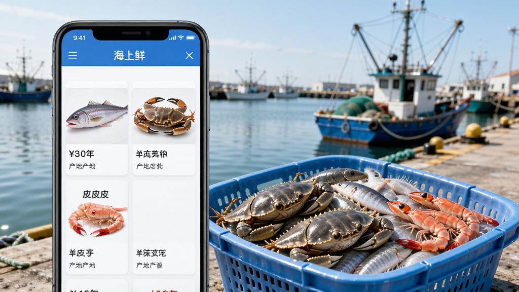 一张展示“海上鲜”软件功能特色的图片,画面中一部手机屏幕显示着海鲜产品列表,上面有带鱼、梭子蟹、皮皮虾等商品卡片,每个卡片标注了价格和产地,手机旁边放着一筐新鲜的海鲜,背景是渔港码头场景,风格写实明亮,画质干净清晰,无多余元素
