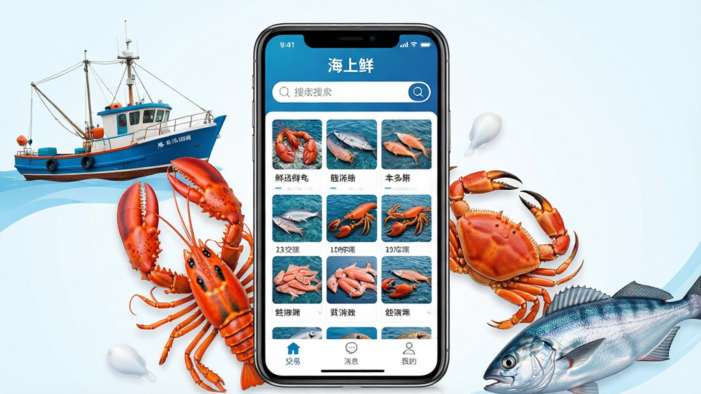 一张展示“海上鲜”软件核心全貌的图片,画面主体是一部智能手机,屏幕上显示着“海上鲜”APP的主界面,界面以海洋蓝为主色调,顶部是海鲜产品搜索栏,中间是各类鲜活水产的网格展示区,底部有交易、消息、我的等导航标签,手机周围环绕着渔船、龙虾、螃蟹、海鱼等新鲜海产元素,背景是干净的浅色渐变,整体风格现代简洁,画质清晰干净,无多余元素