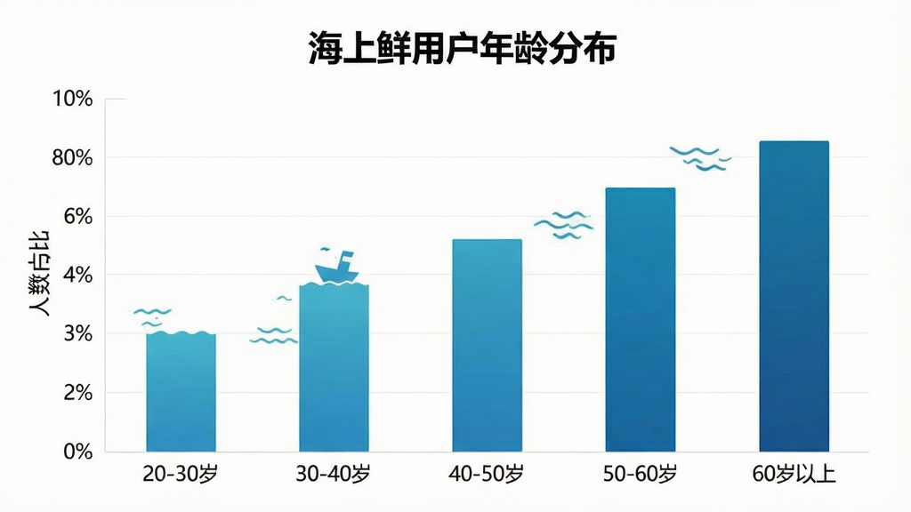 一张展示“海上鲜”软件用户年龄分布柱状图的图片,图表横轴为年龄段“20-30岁”“30-40岁”“40-50岁”“50-60岁”“60岁以上”,纵轴为人数占比,柱状图用海洋蓝色调,背景简洁白色,图表标题为“海上鲜用户年龄分布”,风格现代商务,画质清晰干净,无多余元素