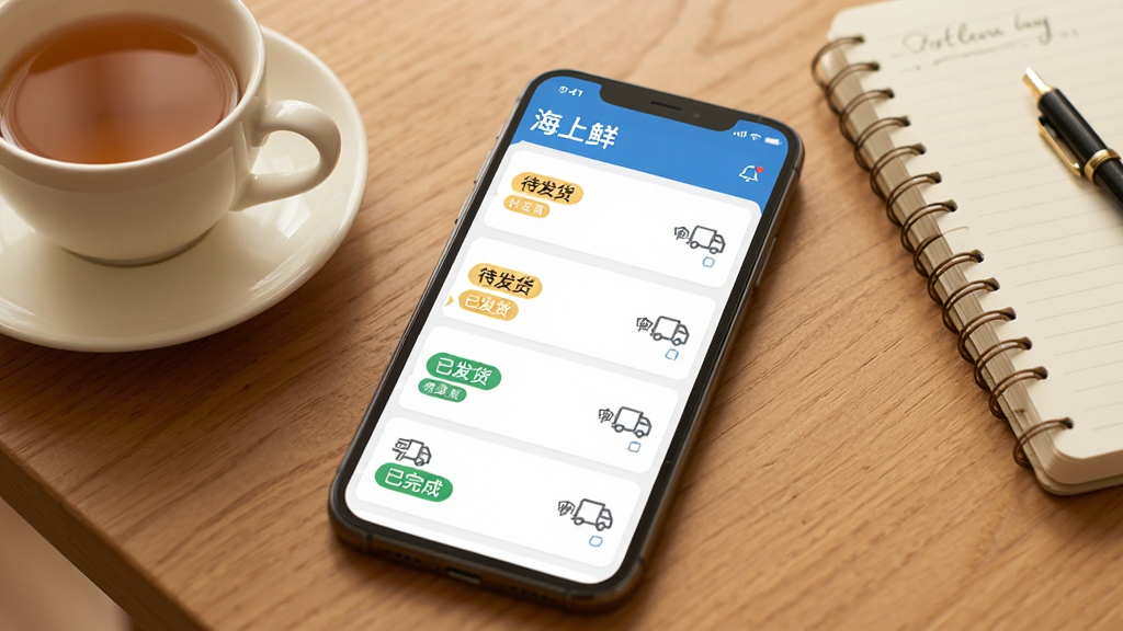 一张展示“海上鲜”软件订单管理界面的图片,手机屏幕显示订单列表,每个订单有状态标签如“待发货”“已发货”“已完成”,旁边有物流跟踪图标,手机放置在一张木质桌面上,旁边有一杯茶和笔记本,整体风格温馨实用,画质干净,无多余元素