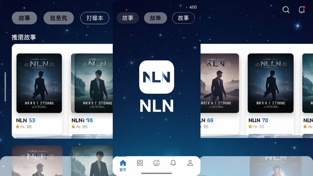 һ��չʾNLNӦ����������ֻ���ͼ���ͼƬ������������NLN��ͼ������ơ�NLN��������Ϊ����ɫ�����ǿգ����沼�ּ�࣬�����й��·����ǩ���м����Ƽ����·��濨Ƭ���ײ�Ϊ������������ִ���ƽ����ϸ�ڸɾ����������ʸ��壬�޶���Ԫ��