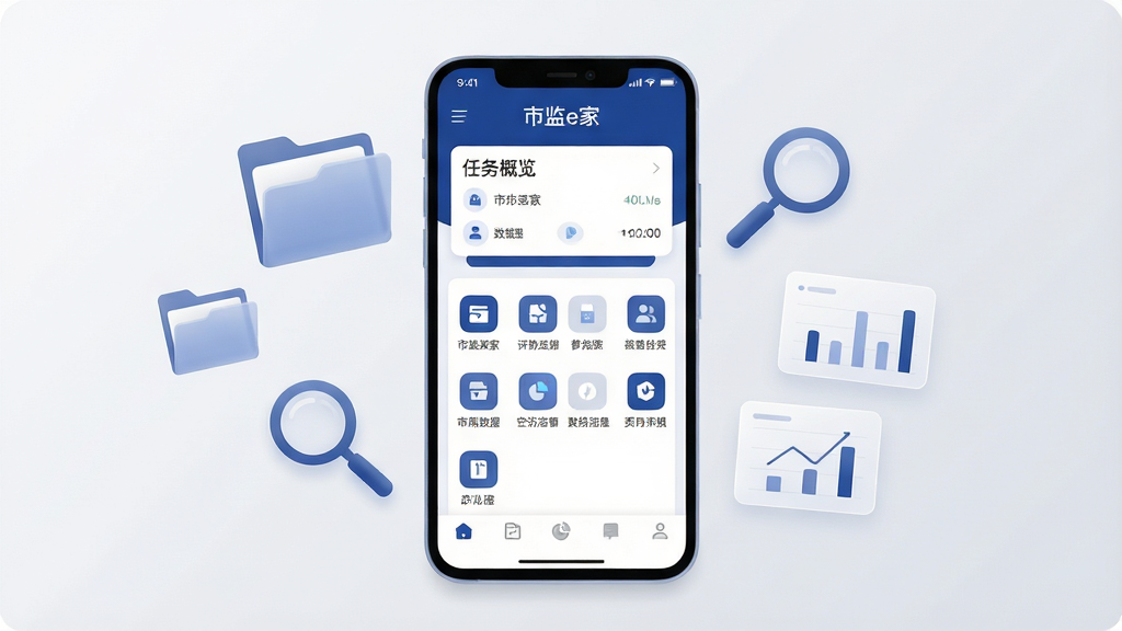 画面中心是一部竖屏安卓手机,手机屏幕上清晰展示着“市监e家”的软件界面,界面主色调为深蓝色和白色,布局简洁,顶部有任务概览卡片,中间是功能图标网格,底部为导航栏,手机周围漂浮着文件夹、放大镜、数据图表等半透明办公元素,背景为干净的浅灰色渐变,风格现代扁平化,细节圆润,画质清晰锐利,无多余杂乱元素