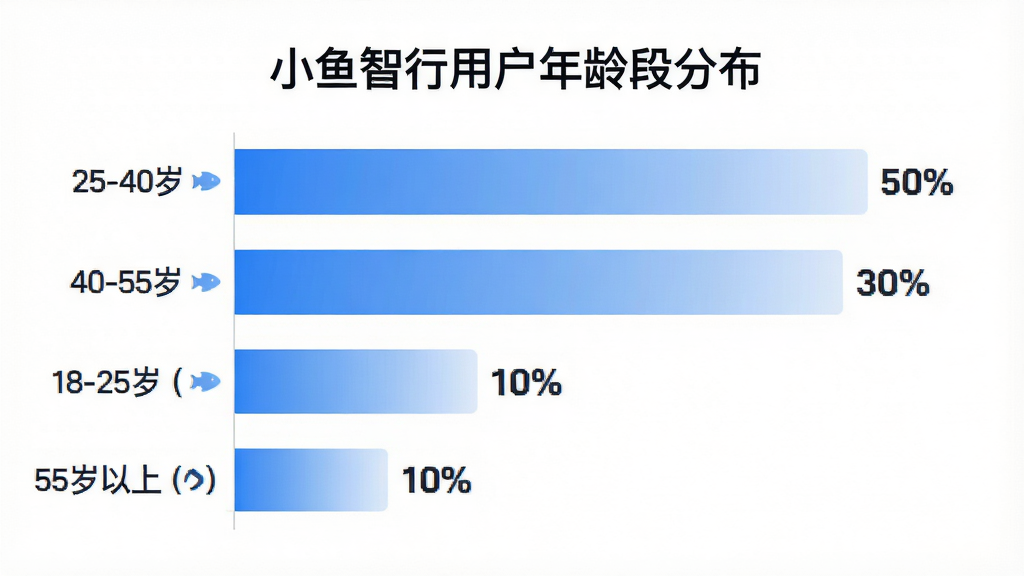 画面主体是一个横向柱状图,标题为“小鱼智行用户年龄段分布”,布局为左侧标签右侧柱条,风格为扁平数据可视化设计,细节上柱条用蓝白渐变配色,标注“25-40岁 50%”“40-55岁 30%”“18-25岁 10%”“55岁以上 10%”,背景纯白,画质干净清晰,无多余装饰