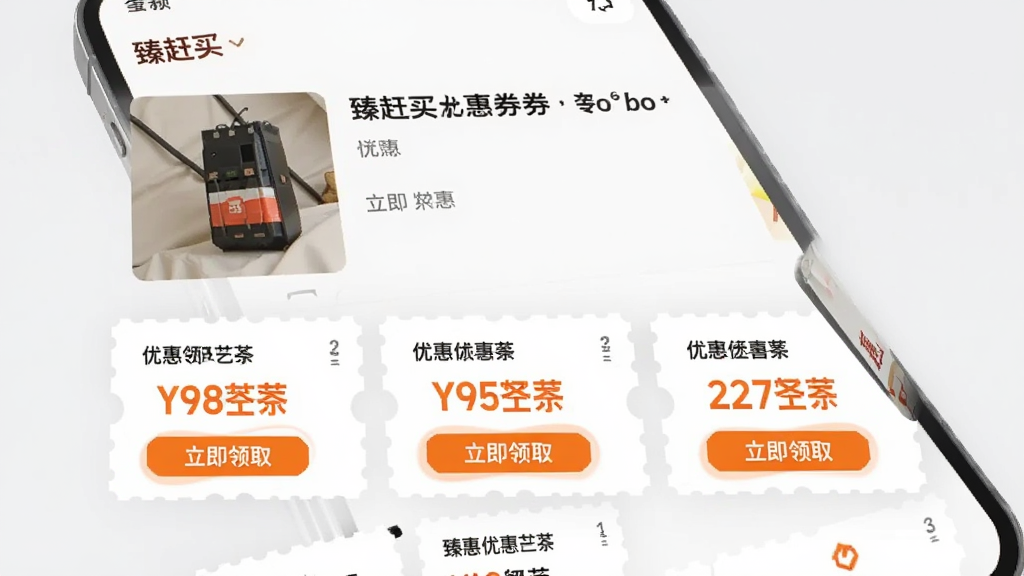手机界面展示“臻赶买”的优惠券匹配页面,上方是商品图片和标题,下方是几张不同面额的优惠券卡片,卡片上有“立即领取”按钮,背景是浅灰色,橙色高亮显示优惠金额,界面排版整齐,风格简洁现代,画质干净