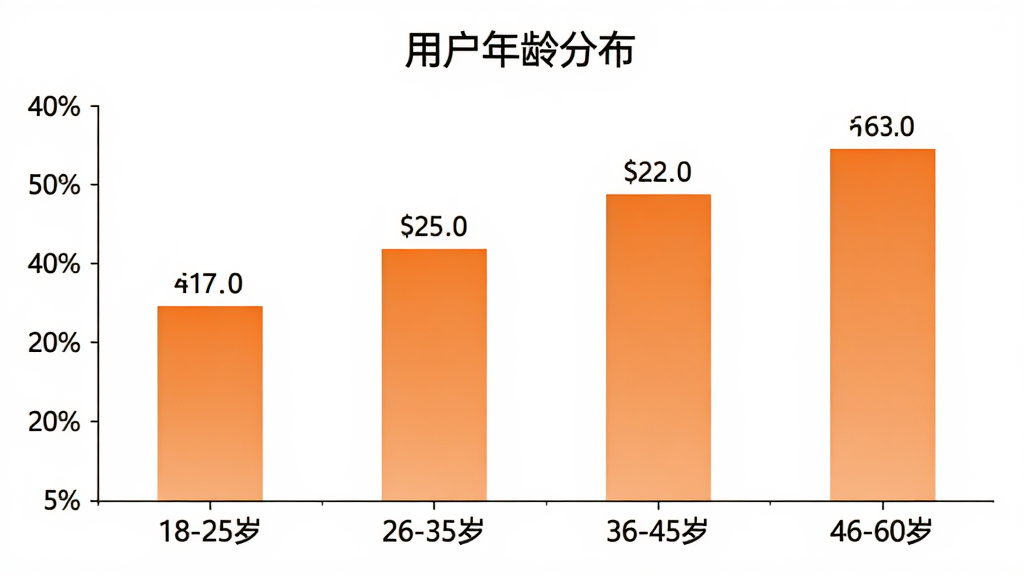 柱状图展示“臻赶买”用户年龄分布,横轴为年龄段“18-25岁”“26-35岁”“36-45岁”“46-60岁”,纵轴为用户占比百分比,柱子颜色为橙色渐变,图表标题为“用户年龄分布”,背景白色,数据标签清晰,风格简洁商务,画质干净