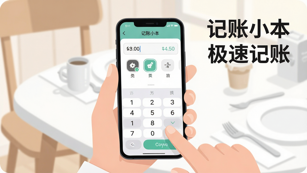一张展示记账小本极速记账功能的图片,画面主体是一部手机,手机屏幕上显示记账小本的快速记账界面,数字键盘占据下半屏,上方有金额输入框和分类图标选中的状态,一只手正拿着手机准备点击确认按钮,背景是简约的餐桌场景,风格现代扁平,细节圆润,画质干净,图片中文字包含“记账小本”和“极速记账”。