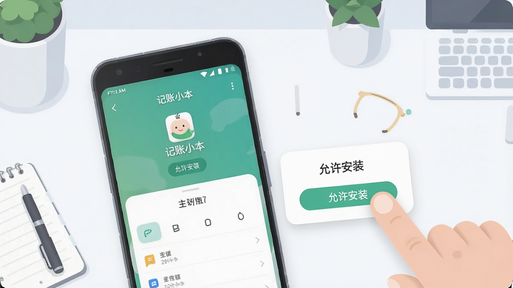 一张展示记账小本新手安装使用场景的图片,画面主体是一部安卓手机,屏幕上显示安装完成后的记账小本主界面,旁边有手指正在点击“允许安装”按钮的提示框,背景是简洁的桌面,风格现代扁平,细节圆润,画质干净,图片中文字包含“记账小本”和“允许安装”。