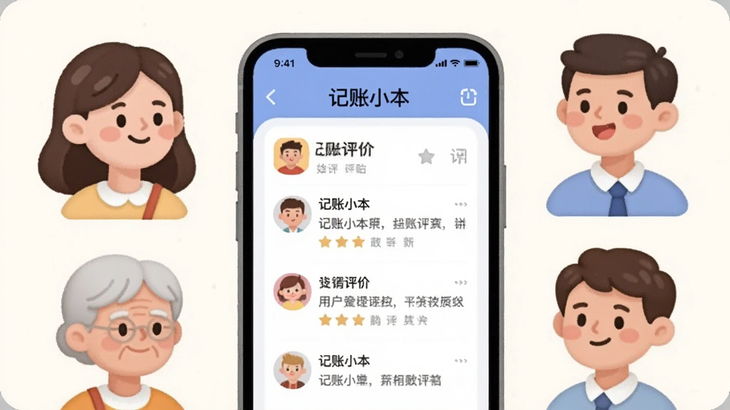 一张展示记账小本用户评价场景的图片,画面主体是一部手机,手机屏幕上显示记账小本的用户评价页面,旁边有不同年龄段的卡通人物头像围绕手机,表情满意,背景是浅色,风格现代扁平,细节圆润,画质干净,图片中文字包含“记账小本”和“好评”。