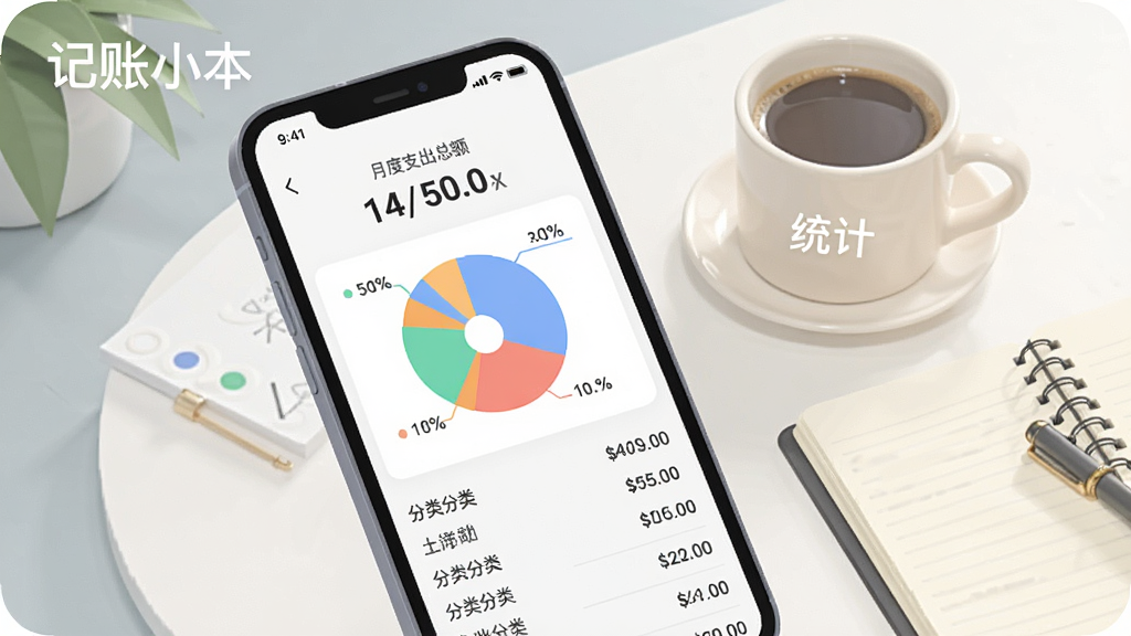 一张展示记账小本账单统计功能的图片,画面主体是一部手机,手机屏幕上显示记账小本的统计页面,页面上方是月度支出总额,中间是彩色饼状图展示不同消费分类的占比,下方是分类列表和金额,旁边有一杯咖啡和笔记本作为装饰,风格现代扁平,细节圆润,画质干净,图片中文字包含“记账小本”和“统计”。