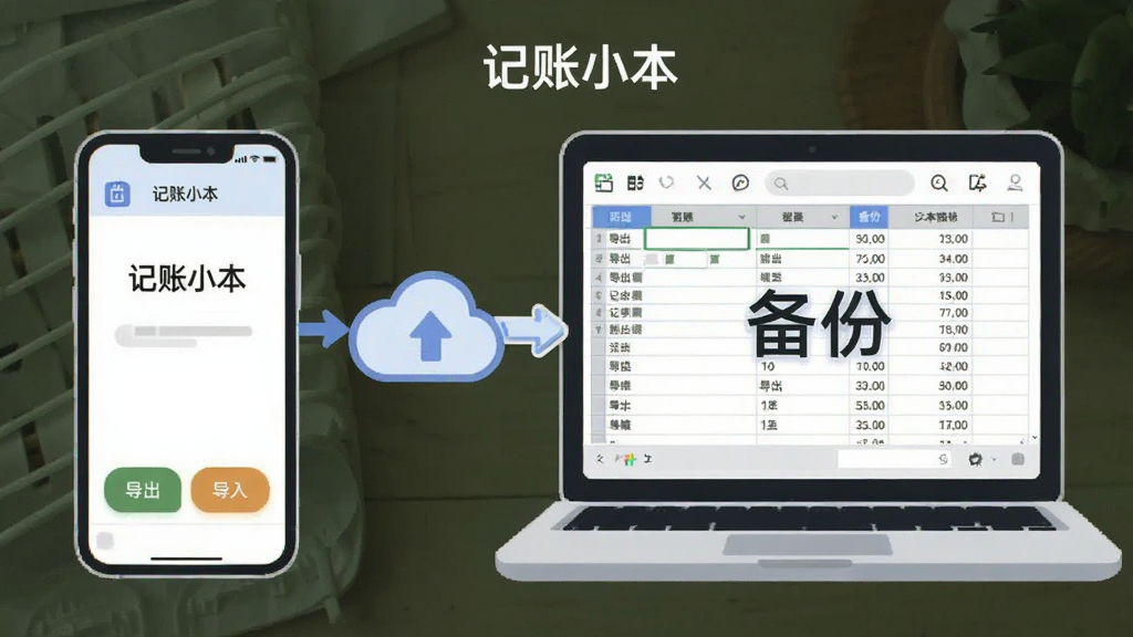 一张展示记账小本数据备份功能的图片,画面主体是一部手机和一台笔记本电脑,手机屏幕上显示记账小本的备份界面,有导出和导入按钮,笔记本电脑屏幕上显示表格数据,两者之间有云朵图标和箭头连接,风格现代扁平,细节圆润,画质干净,图片中文字包含“记账小本”和“备份”。