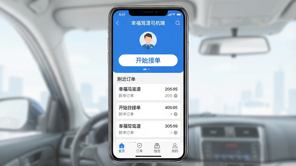 �Ҹ��ݵ�˾�����ֻ�App������չʾ������������һ�������ֻ�����Ļ����ʾ�ӵ�����ҳ�棬�����С��Ҹ��ݵ�˾���ˡ�������˾��ͷ���м�����Ŀ�ġ���ʼ�ӵ�����ť�͸��������б����ײ�Ϊ��ҳ��������Ǯ�����ҵ��ĸ�������ǩ���������������ɫ�������ˬ�ִ�����ƽ����ƣ�ϸ�ڸɾ��������������޶���Ԫ��