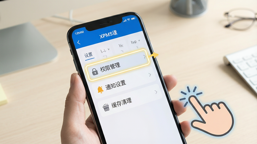 一张XPMS新手操作引导示意图,画面中手机屏幕显示XPMS设置页面,高亮标注“权限管理”“通知设置”“缓存清理”三个选项,旁边有手指点击的示意图标,背景是浅色办公桌面,风格清晰直观,画质干净无多余元素