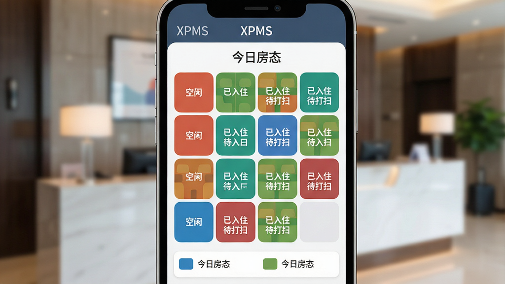 一张XPMS软件房态管理界面的特写图片,画面主体是手机屏幕上的彩色房态网格,每个房间格子用不同颜色标注“空闲”“已入住”“待打扫”,屏幕上方显示“XPMS”和“今日房态”字样,下方有图例说明,背景是模糊的酒店前台环境,风格现代扁平,细节圆润,画质干净无多余元素