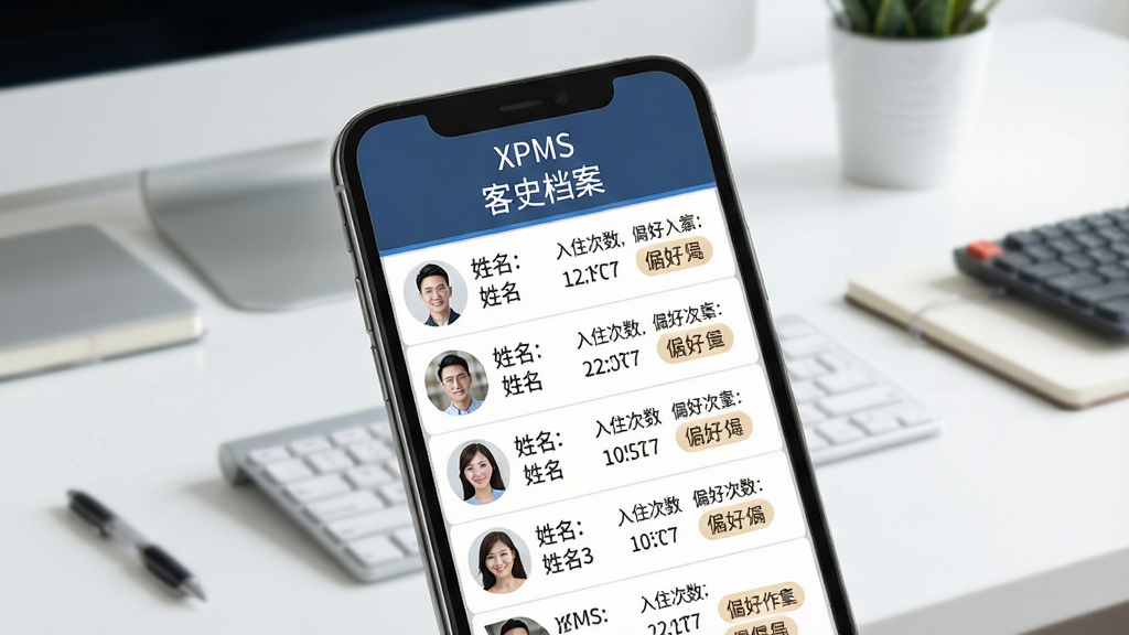 一张XPMS客史档案功能展示图,画面中手机屏幕显示客人档案列表,每条记录包含客人头像、姓名、入住次数和偏好标签,屏幕上方有“XPMS”和“客史档案”标题,背景是整洁的办公桌面,风格简洁商务,画质清晰干净无多余元素