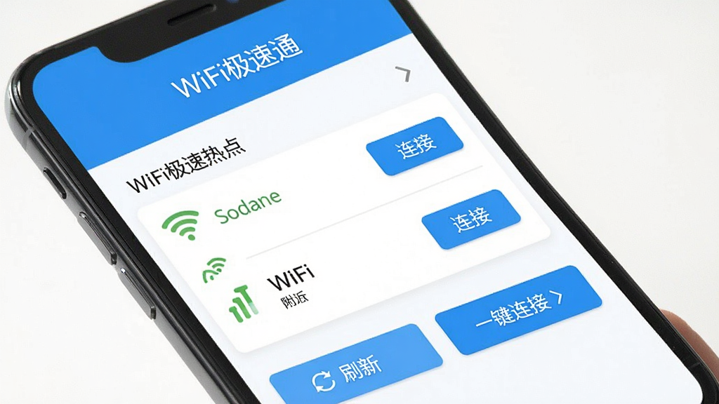һ���ֻ���ĻչʾWiFi����ͨ���������棬�������������ơ�WiFi����ͨ�����м��Ǹ���WiFi�ȵ��б����ź�ǿ��ͼ������Ӱ�ť���ײ���ˢ�º�һ�����Ӱ�ť������������ɫ��������ɾ�����ƽ����Ʒ�񣬻����������޶���װ��Ԫ��
