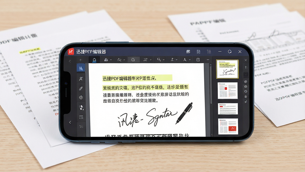 一张展示迅捷PDF编辑器功能操作的图片,画面中一部手机横屏显示PDF文档编辑界面,屏幕上有“迅捷PDF编辑器”字样,界面内可见文字高亮标注、手写签名笔迹和页面缩略图侧栏,手机旁边散落着几份打印出来的PDF文件,背景为浅色木质桌面,风格写实清晰,画质干净,无多余装饰元素