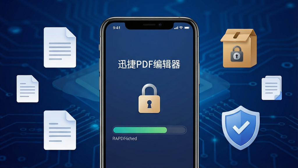一张展示迅捷PDF编辑器安全与压缩功能的图片,画面中央一部手机屏幕显示“迅捷PDF编辑器”的文件压缩进度条和密码锁图标,屏幕周围环绕着文档图标、压缩包图标和盾牌安全标识,背景为深蓝色科技感渐变,风格简洁商务,细节清晰,画质干净,无多余元素