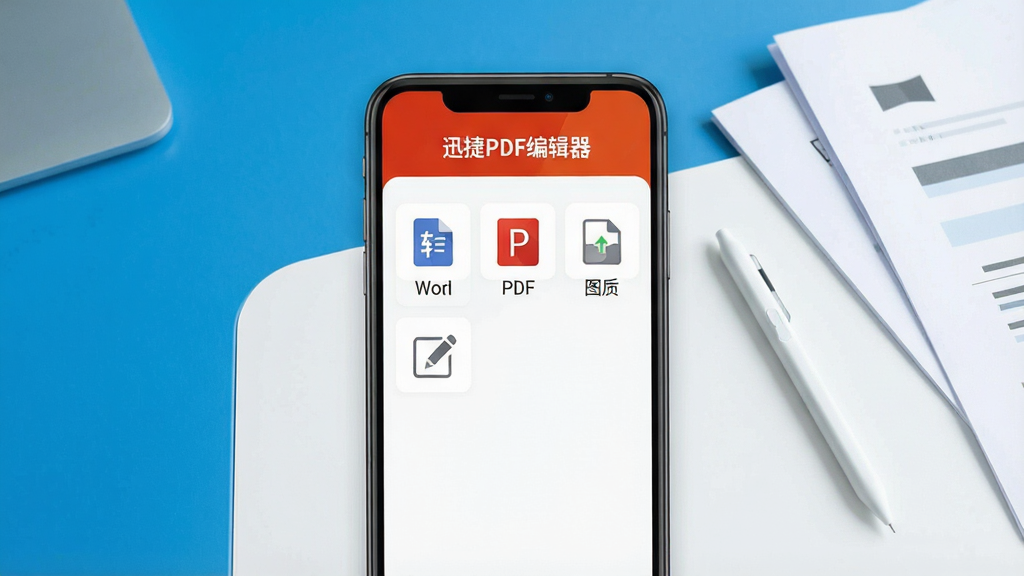 一张展示迅捷PDF编辑器手机端主界面的图片,画面中央是手机屏幕,屏幕内显示迅捷PDF编辑器应用界面,顶部有“迅捷PDF编辑器”文字标识,界面布局包含PDF转Word、PDF转图片、页面管理、批注编辑等功能图标,背景为简洁的蓝白办公桌面,旁边放着一支触控笔和几份纸质文档,风格现代扁平化,细节清晰,画质干净明亮,无多余元素